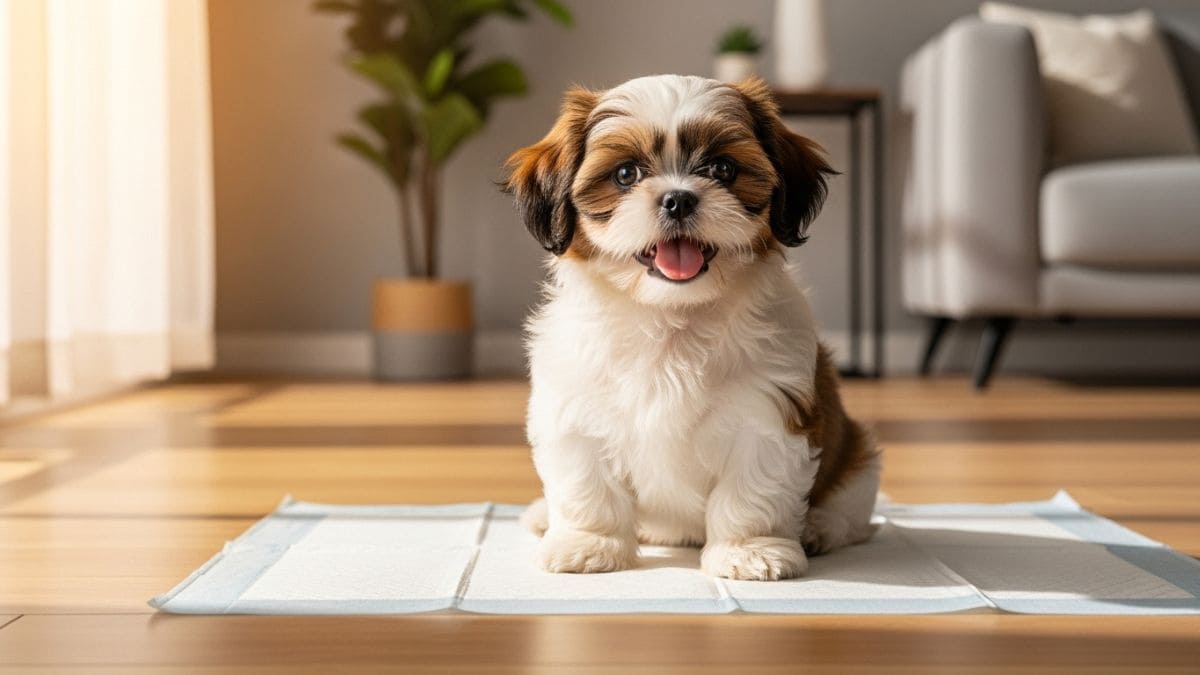 Shih Tzu filhote feliz e fofo sentado em tapete higiênico no chão de madeira, representando sucesso no treinamento Shih Tzu a fazer xixi no lugar certo.representando sucesso no treinamento sanitário e xixi no lugar certotreinamento positivo