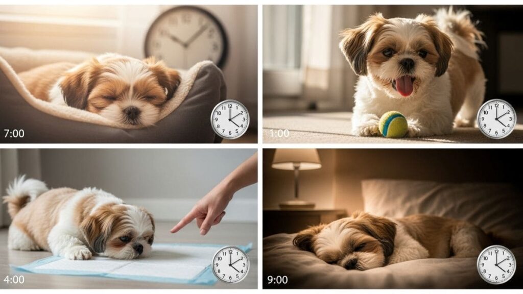 Como Ensinar Shih Tzu a Fazer Xixi no Lugar Certo: Método Completo e Eficaz 6 Colagem de 4 fotos de Shih Tzu em diferentes momentos do dia (dormindo, brincando, no tapete higiênico, dormindo), com relógios marcando horários, ilustrando a rotina para ensinar o Shih Tzu a fazer xixi no lugar certo