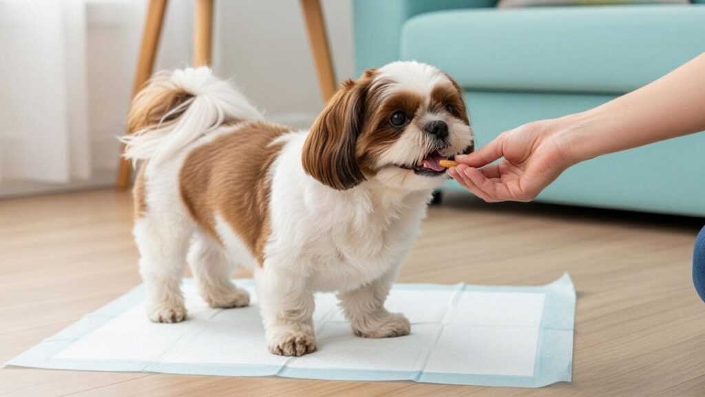 Como Ensinar Shih Tzu a Fazer Xixi no Lugar Certo: Método Completo e Eficaz 4 Shih Tzu bicolor recebendo petisco na boca enquanto está sobre o tapete higiênico, ilustrando o reforço positivo para o Shih Tzu a fazer xixi no lugar certo