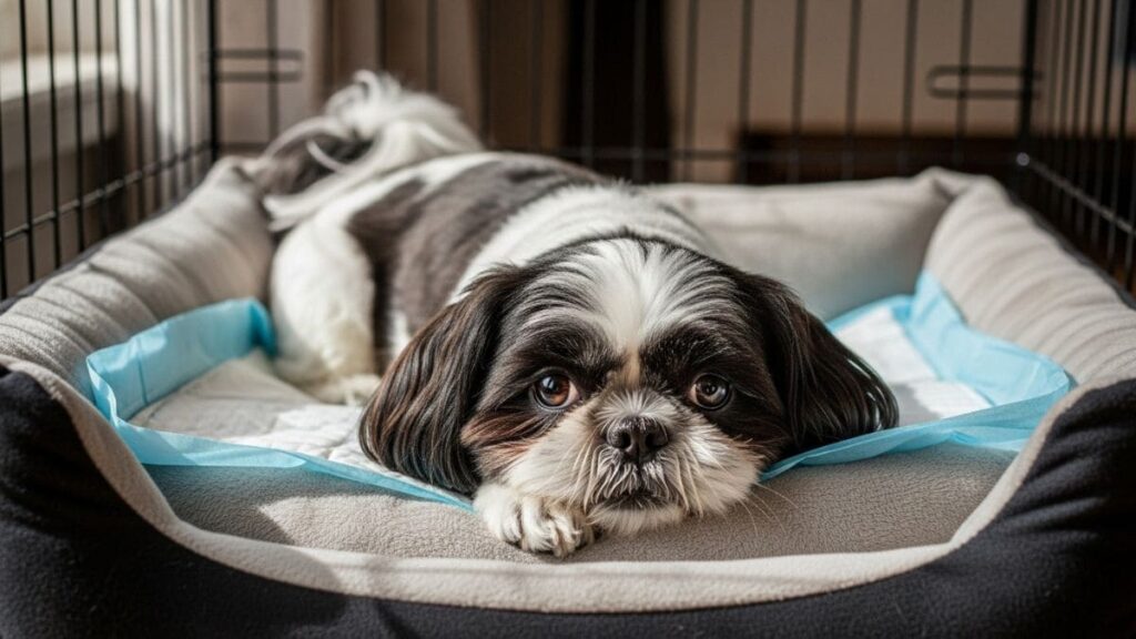 Como Ensinar Shih Tzu a Fazer Xixi no Lugar Certo: Método Completo e Eficaz 5 Shih Tzu bicolor deitado em caixa de transporte confortável com tapete higiênico, ilustrando o treinamento de confinamento para ensinar o Shih Tzu a fazer xixi no lugar certo
