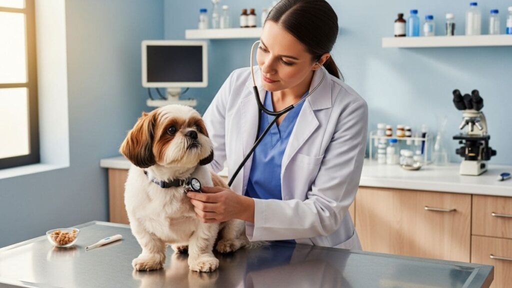 Como Ensinar Shih Tzu a Fazer Xixi no Lugar Certo: Método Completo e Eficaz 7 Shih tzu em consulta veterinária para avaliação de saúde e verificação de problemas urinários