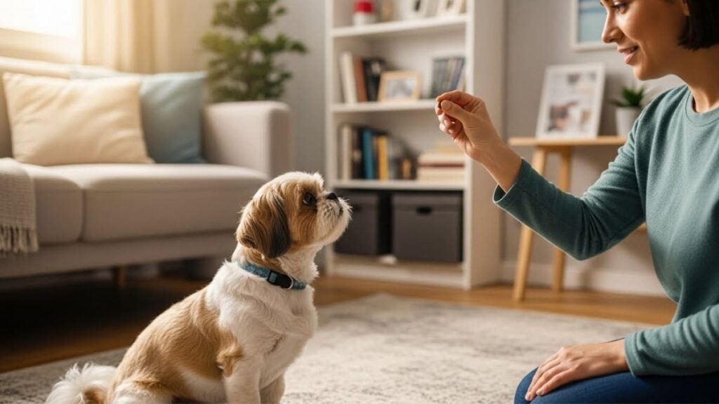 Tutor adestrando um Shih Tzu em apartamento usando reforço positivo e petiscos.