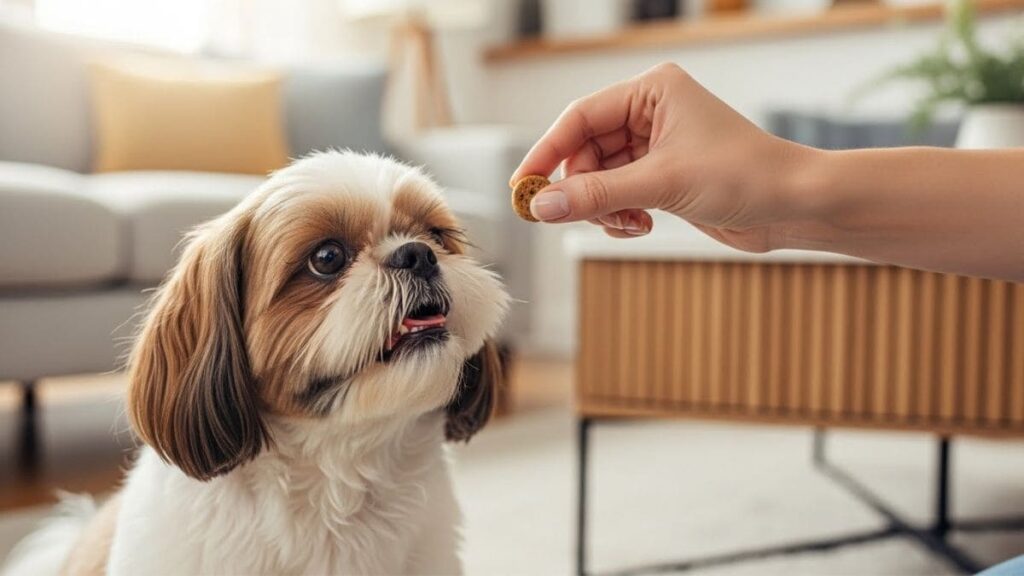 Mão de uma pessoa oferecendo petisco para um Shih Tzu sentado e calmo.