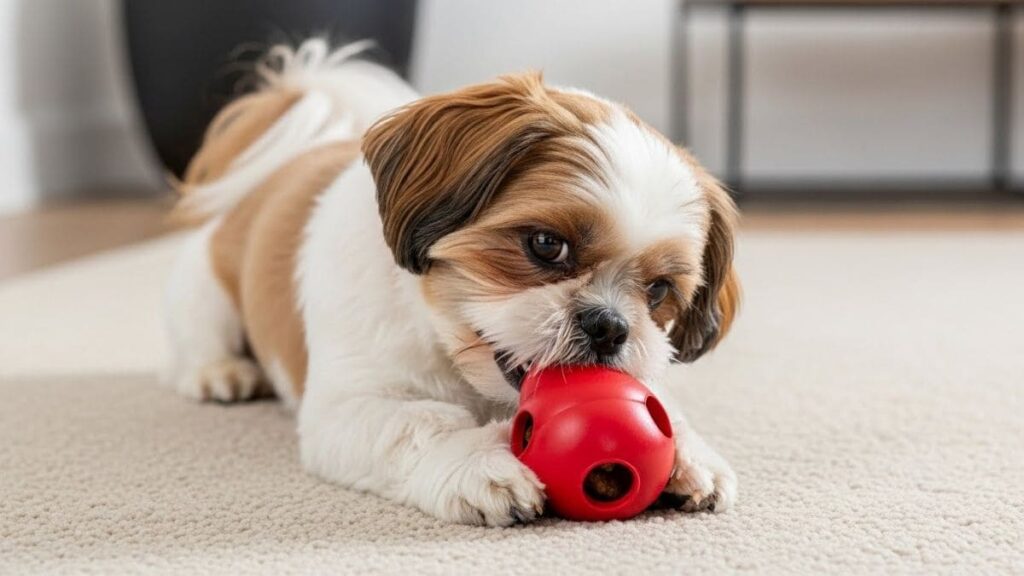 Shih Tzu distraído brincando com um brinquedo interativo de borracha no tapete.