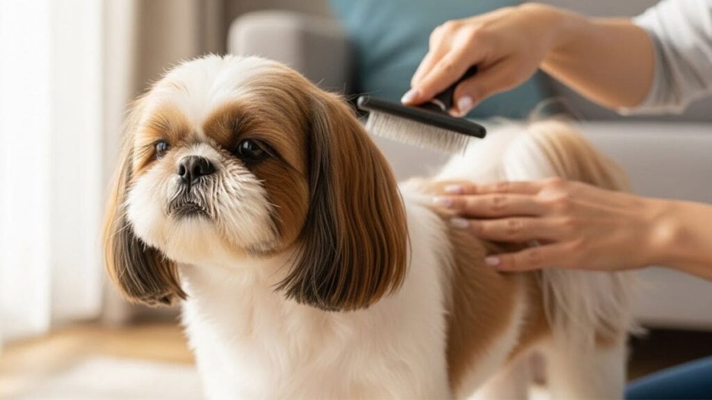 Cuidados com Shih Tzu incluem escovação regular para manter a pelagem saudável.
