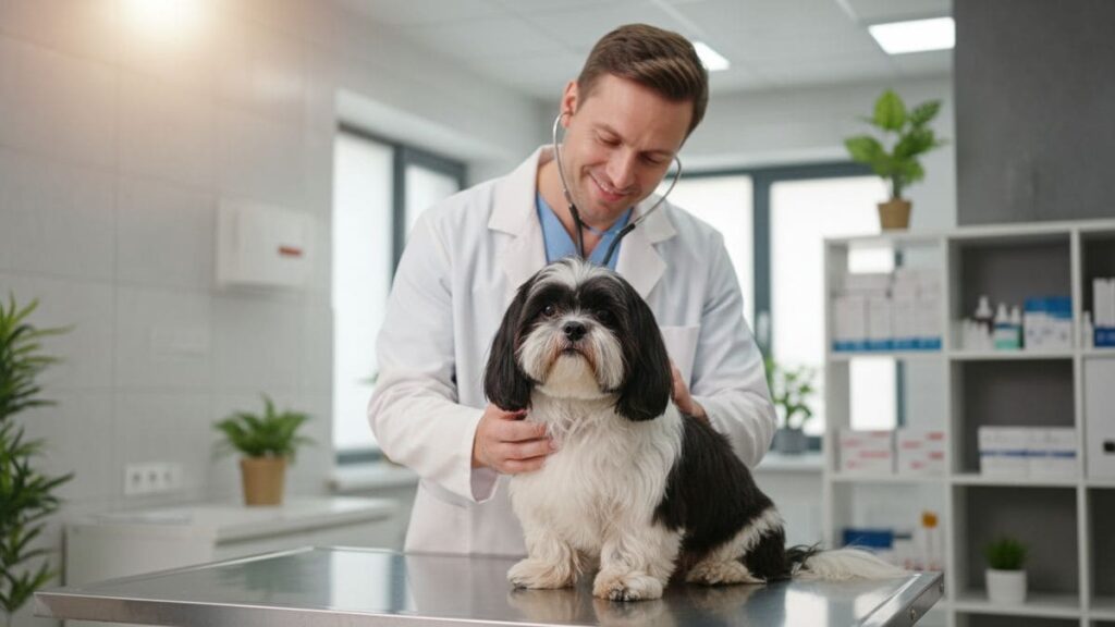 Cuidados com Shih Tzu incluem visitas regulares ao veterinário para prevenção de doenças.