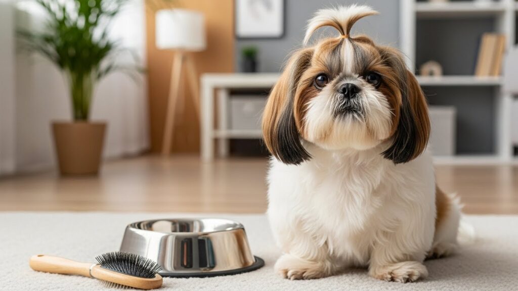 Itens de cuidado para Shih Tzu em apartamento, incluindo escova e comedouro lento.