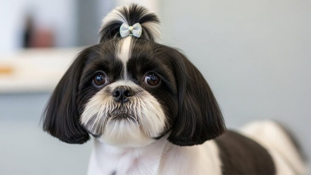 Um Shih Tzu bicolor com pelagem sedosa, destacando o contraste entre o peito branco e as orelhas pretas brilhantes.