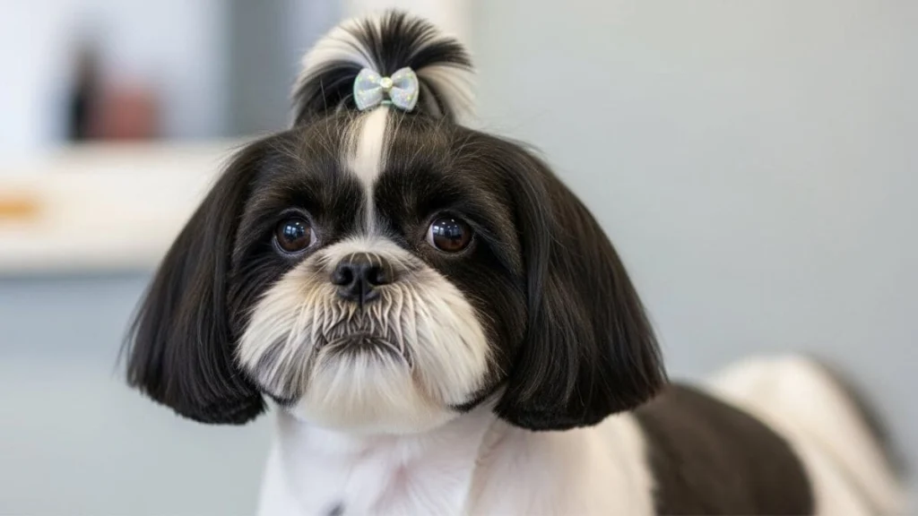 Um Shih Tzu bicolor com pelagem sedosa, destacando o contraste entre o peito branco e as orelhas pretas brilhantes.