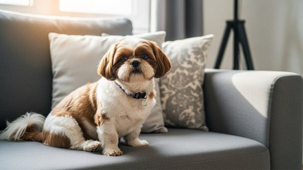 Shih Tzu sentado confortavelmente em um sofá, com pelagem bem cuidada, em ambiente interno iluminado