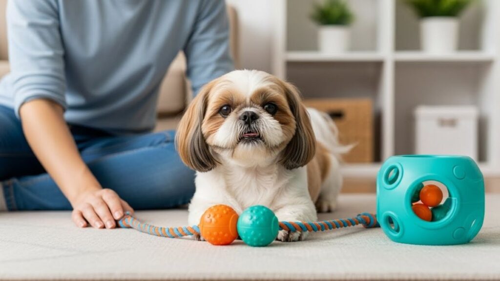Cuidados com Shih Tzu incluem exercícios leves e estímulos mentais diários para manter o equilíbrio emocional e o bem-estar do cão
