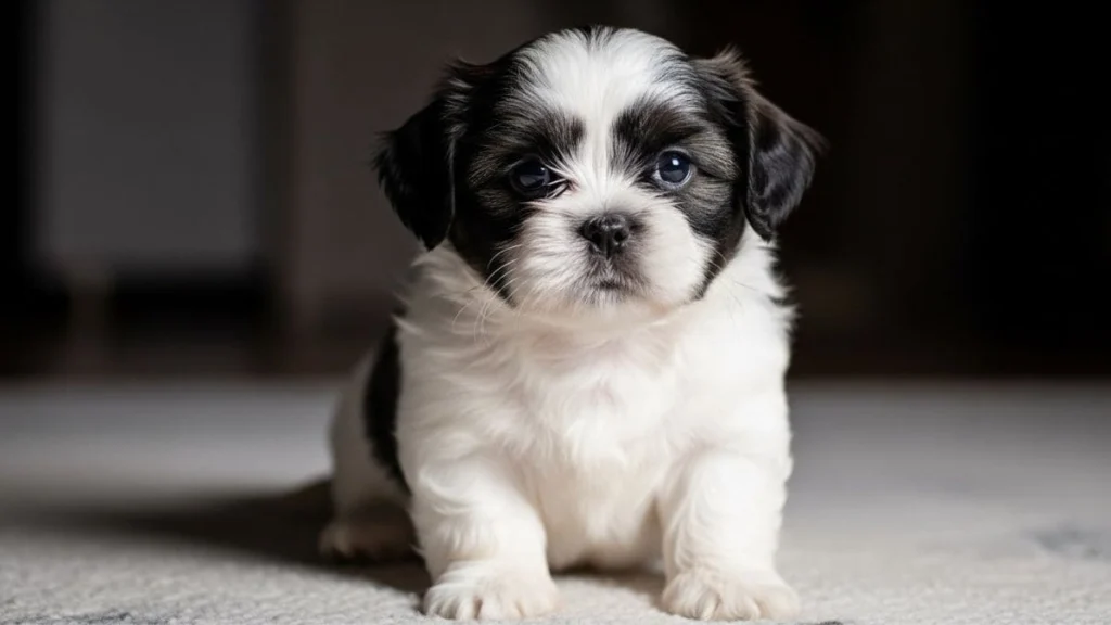 Filhote de Shih Tzu preto e branco sentado em um tapete claro, mostrando as marcações escuras originais.