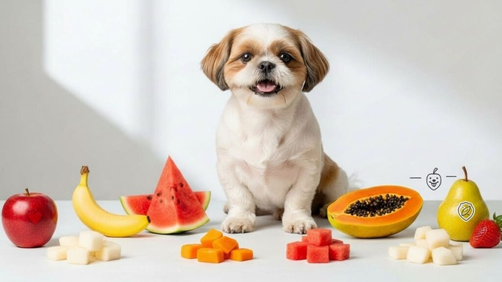 Shih Tzu sentado ao lado de frutas permitidas para cães, como maçã, banana, melancia e mamão, ilustrando uma alimentação saudável e segura para a raça.