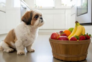 Shih Tzu sentado ao lado de uma cesta de frutas frescas como maçã e banana, representando a escolha de frutas para Shih Tzu seguras.