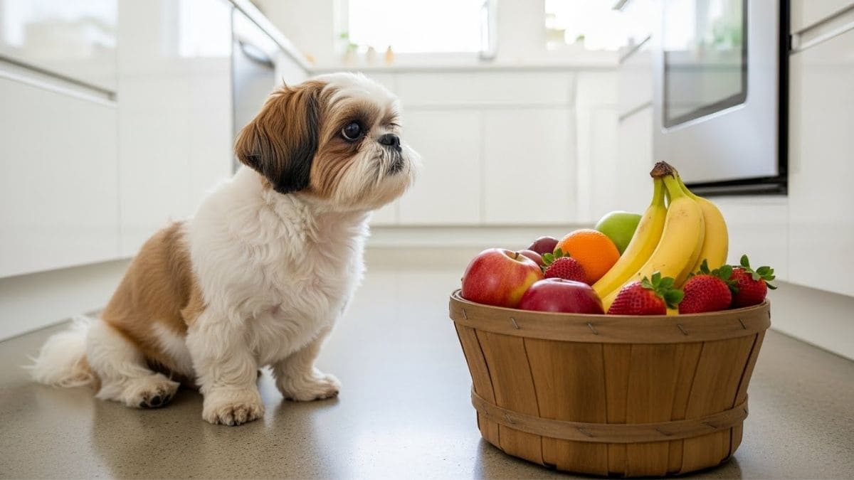 Shih Tzu sentado ao lado de uma cesta de frutas frescas como maçã e banana, representando a escolha de frutas para Shih Tzu seguras.