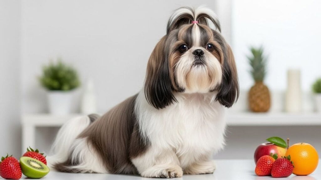 Shih Tzu com pelagem saudável ao lado de frutas permitidas que fornecem vitaminas importantes para a saúde e o brilho do pelo
