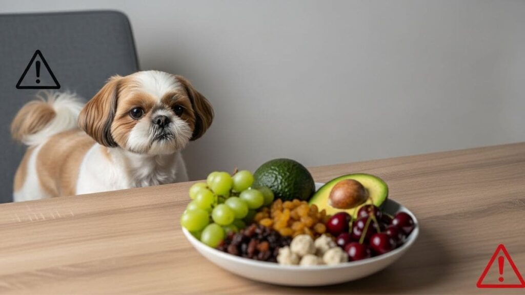 Shih Tzu olhando frutas proibidas para cães, como uvas, abacate e cerejas, destacando alimentos perigosos para a saúde da raça.