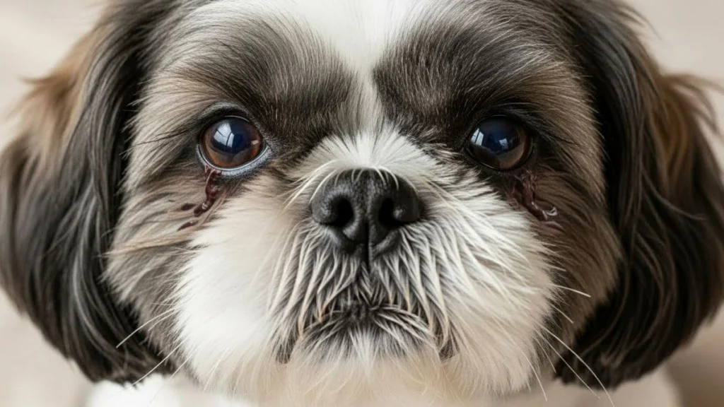 Rosto de um Shih Tzu com o pelo branco ao redor dos olhos totalmente limpo, sem manchas avermelhadas de lágrimas.