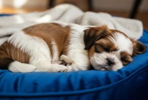 Shih Tzu marrom e branco dormindo profundamente em uma cama azul luxuosa, ilustrando o conforto e as posições de dormir da raça.