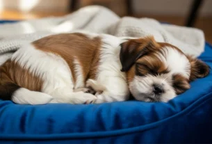 Shih Tzu marrom e branco dormindo profundamente em uma cama azul luxuosa, ilustrando o conforto e as posições de dormir da raça.