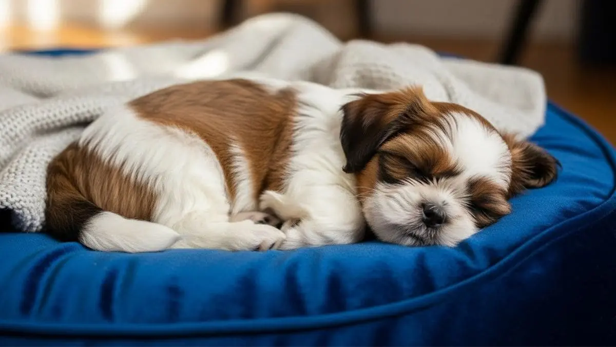 Shih Tzu marrom e branco dormindo profundamente em uma cama azul luxuosa, ilustrando o conforto e as posições de dormir da raça.
