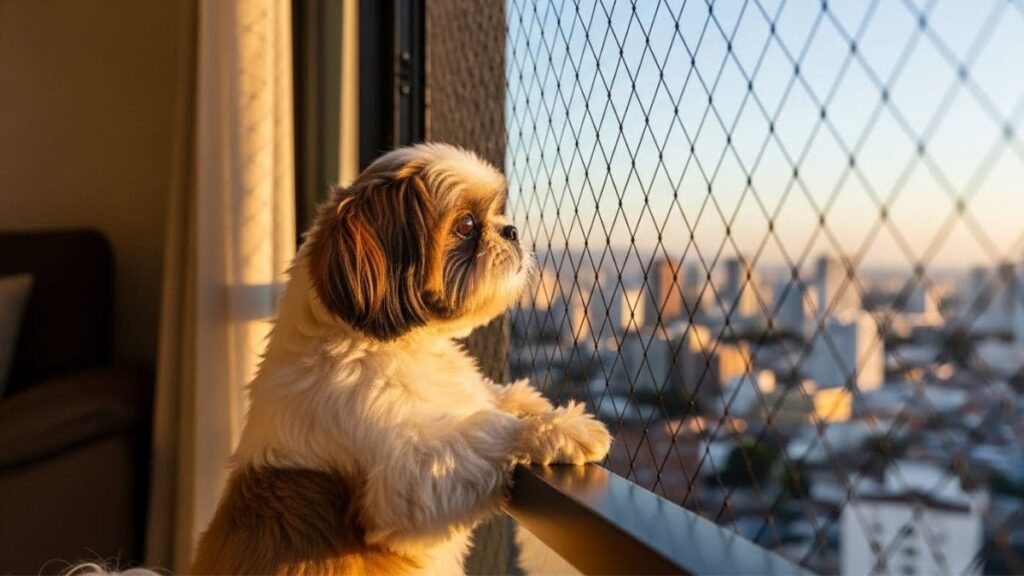 Shih Tzu em apartamento olhando pela janela protegida por uma rede de segurança resistente.