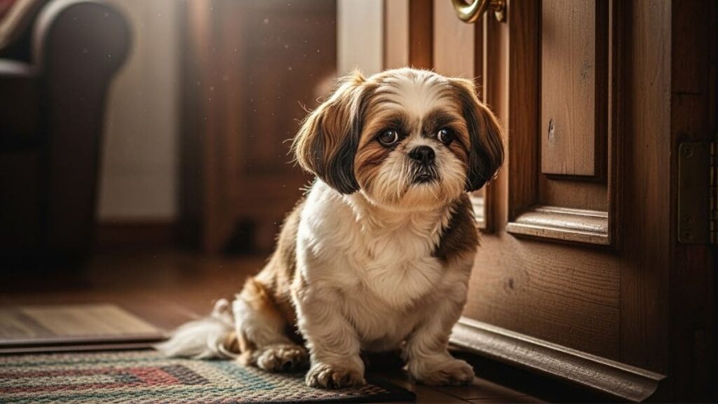 Shih Tzu sentado perto da porta de entrada, esperando o dono e demonstrando ansiedade.