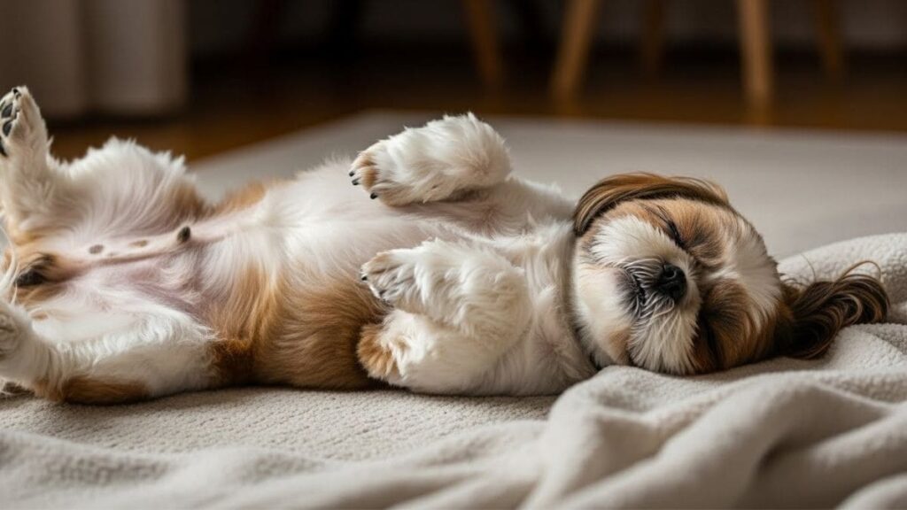 Shih Tzu marrom e branco deitado de costas, com a barriga exposta e patas para cima, demonstrando relaxamento e confiança no ambiente.
