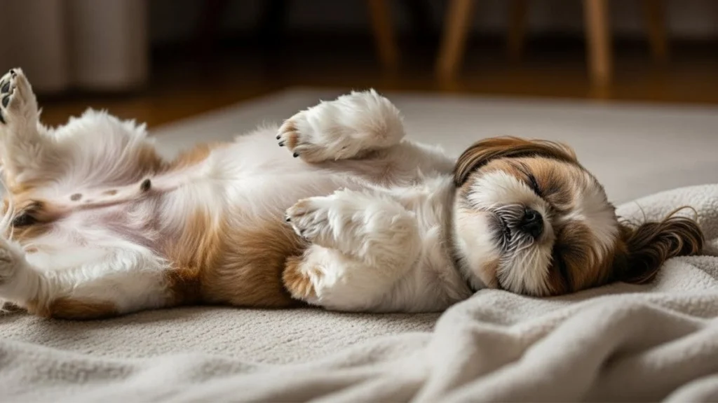 Shih Tzu marrom e branco deitado de costas, com a barriga exposta e patas para cima, demonstrando relaxamento e confiança no ambiente.