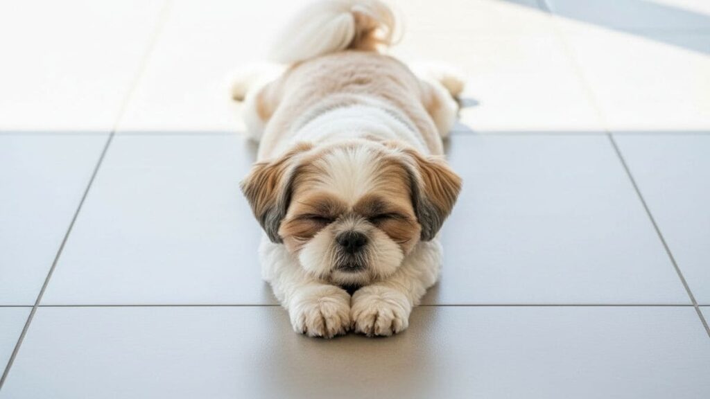 Shih Tzu deitado de barriga no chão frio, com as patas dianteiras e traseiras totalmente esticadas para frente e para trás, na famosa posição de super-homem.