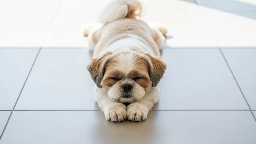 Shih Tzu deitado de barriga no chão frio, com as patas dianteiras e traseiras totalmente esticadas para frente e para trás, na famosa posição de super-homem.