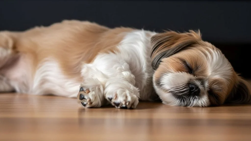Shih Tzu de pelagem branca e caramelo dormindo profundamente deitado de lado em um piso de madeira, com foco detalhado no rosto e nas patas dianteiras recolhidas.