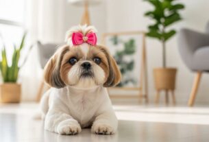 Um Shih Tzu dócil e bem cuidado sentado em um sofá de sala de estar, ilustrando a vida de um Shih Tzu em apartamento.