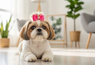 Um Shih Tzu dócil e bem cuidado sentado em um sofá de sala de estar, ilustrando a vida de um Shih Tzu em apartamento.