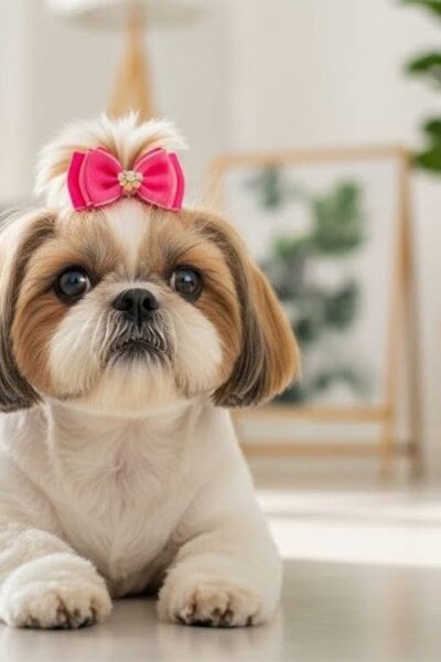 Um Shih Tzu dócil e bem cuidado sentado em um sofá de sala de estar, ilustrando a vida de um Shih Tzu em apartamento.