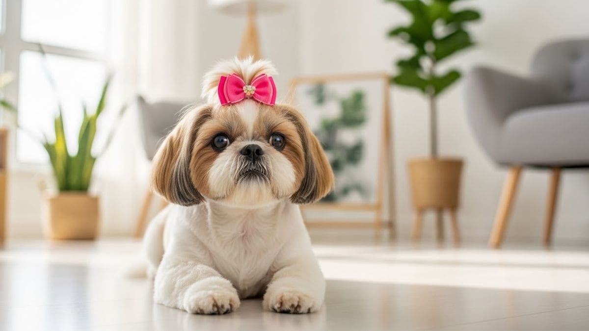 Um Shih Tzu dócil e bem cuidado sentado em um sofá de sala de estar, ilustrando a vida de um Shih Tzu em apartamento.