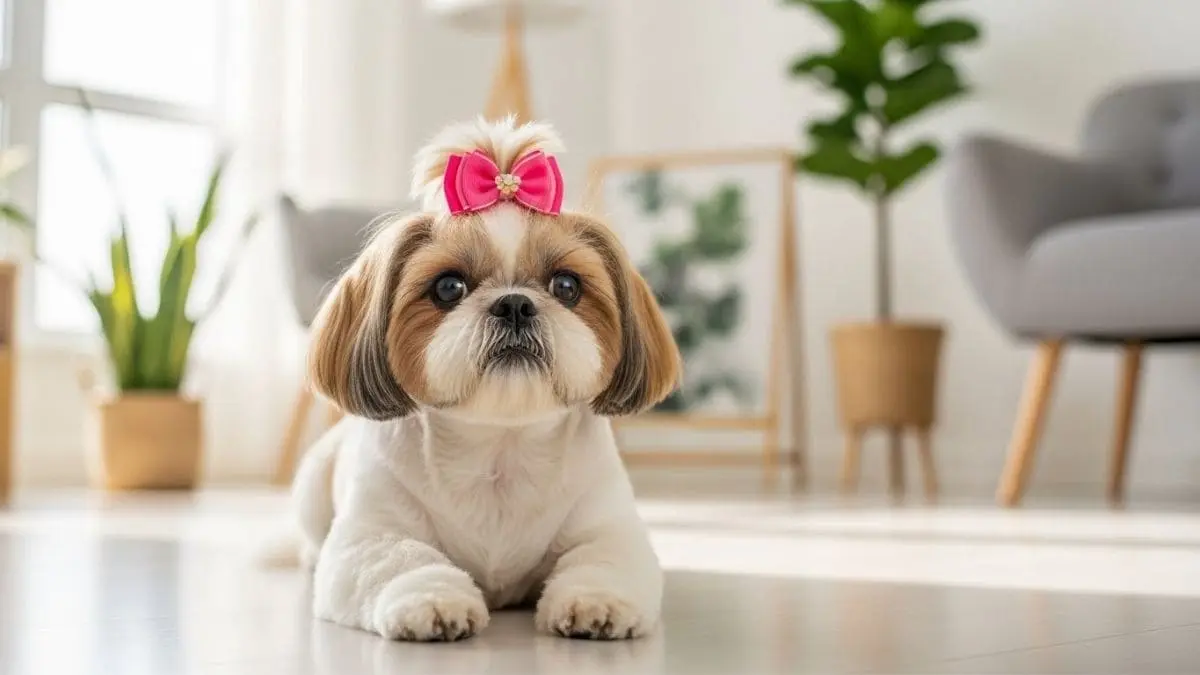 Um Shih Tzu dócil e bem cuidado sentado em um sofá de sala de estar, ilustrando a vida de um Shih Tzu em apartamento.