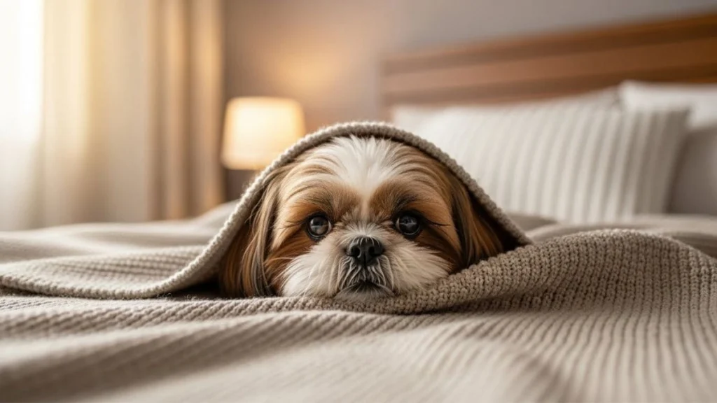 Um Shih Tzu com apenas o focinho e os olhos visíveis, espreitando por baixo de um edredom macio e felpudo em uma cama.