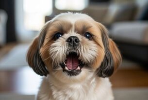 Cachorro da raça Shih Tzu latindo em uma sala de estar, mostrando comportamento de alerta.