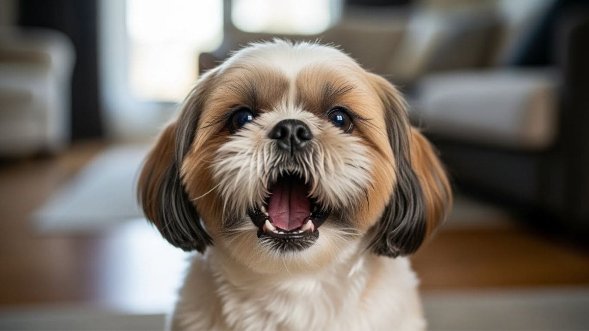 Cachorro da raça Shih Tzu latindo em uma sala de estar, mostrando comportamento de alerta.