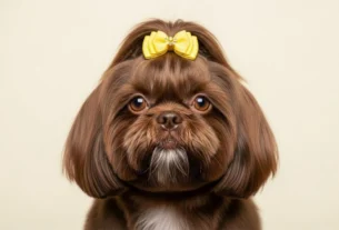 Shih Tzu de cor marrom sólida com olhos claros e nariz chocolate olhando para a câmera.