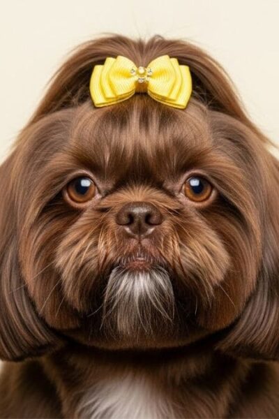 Shih Tzu de cor marrom sólida com olhos claros e nariz chocolate olhando para a câmera.