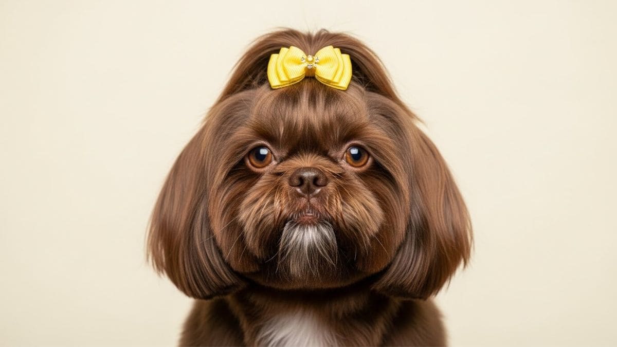 Shih Tzu de cor marrom sólida com olhos claros e nariz chocolate olhando para a câmera.