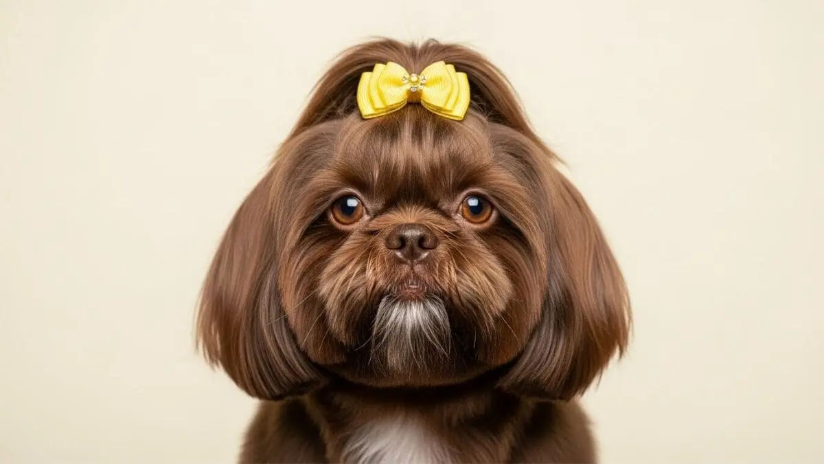 Shih Tzu de cor marrom sólida com olhos claros e nariz chocolate olhando para a câmera.