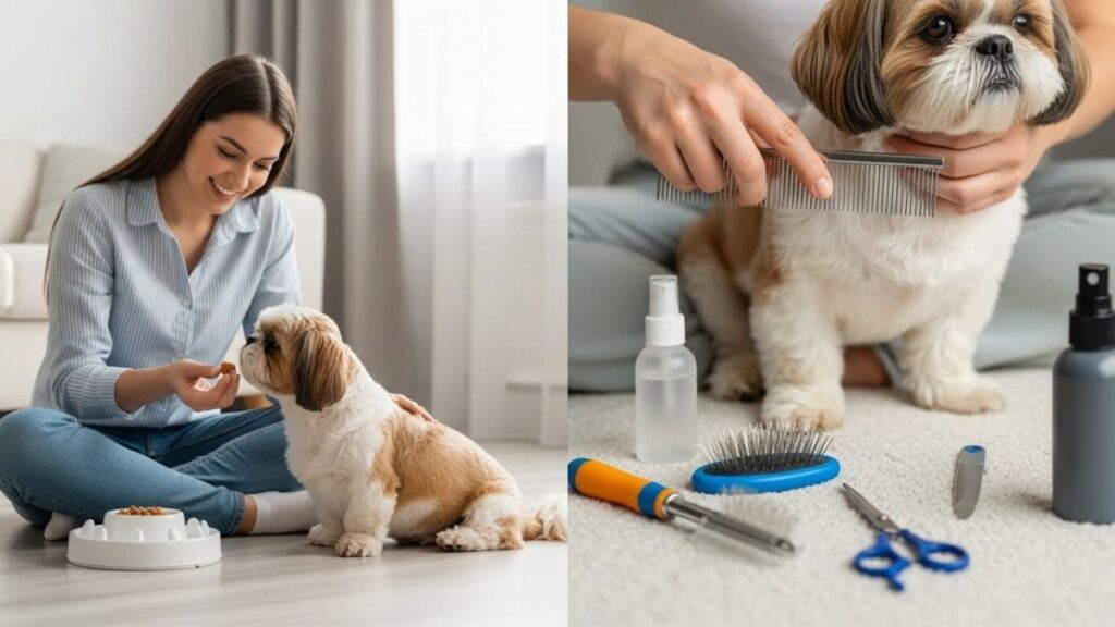 Shih Tzu marrom sendo alimentado e escovado em ambiente interno, demonstrando cuidados diários com a raça