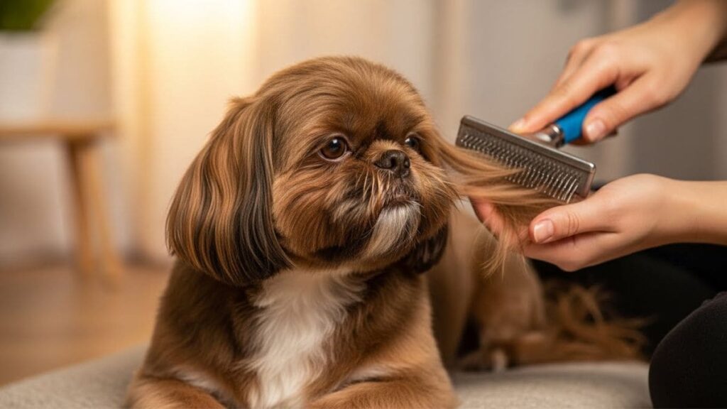 Montagem comparativa de filhote de Shih Tzu chocolate escuro e adulto com pelagem clareada.