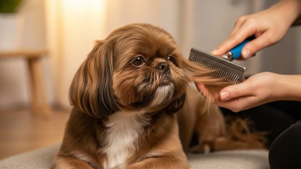 Montagem comparativa de filhote de Shih Tzu chocolate escuro e adulto com pelagem clareada.