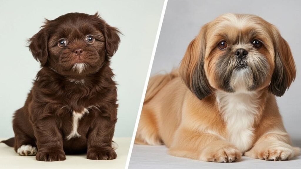Close-up do focinho marrom e olhos cor de mel de um legítimo Shih Tzu liver (fígado).