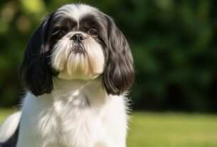 Um Shih Tzu adulto com pelagem longa e brilhante nas cores preto e branco, sentado em um gramado.