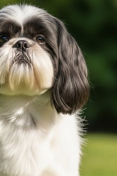 Um Shih Tzu adulto com pelagem longa e brilhante nas cores preto e branco, sentado em um gramado.
